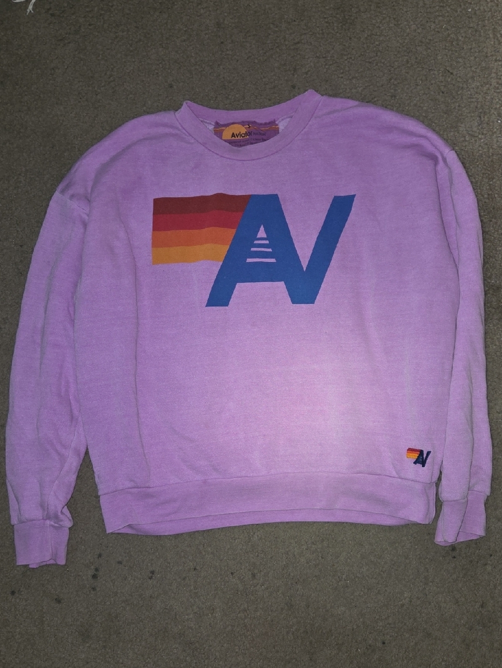 Aviator Nation Women’s Lilac Crewneck Sweatshirt with Blue AV and Sunset Stripes
